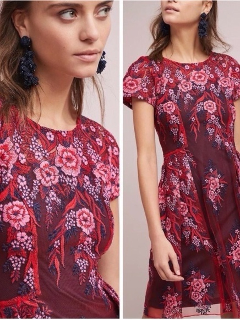 Anthropologie x Eva Franco Floral Embroidered Red Short Sleeve Dress
